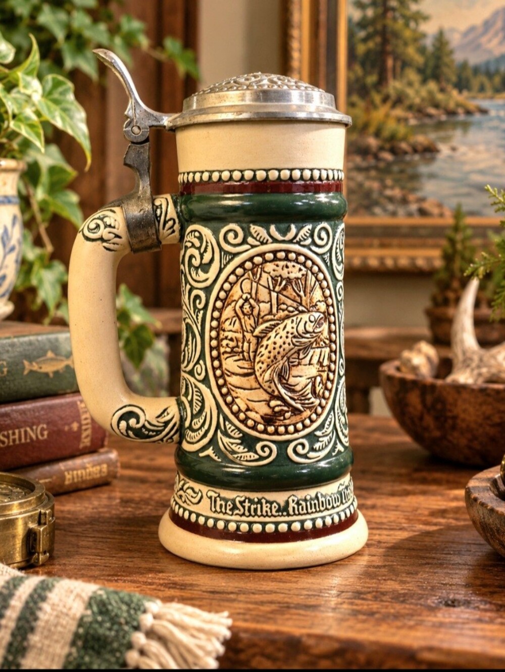 Vintage 1978 Ceramarte Beer Stein Rainbow Trout English Setter Brazil Lidded Mug